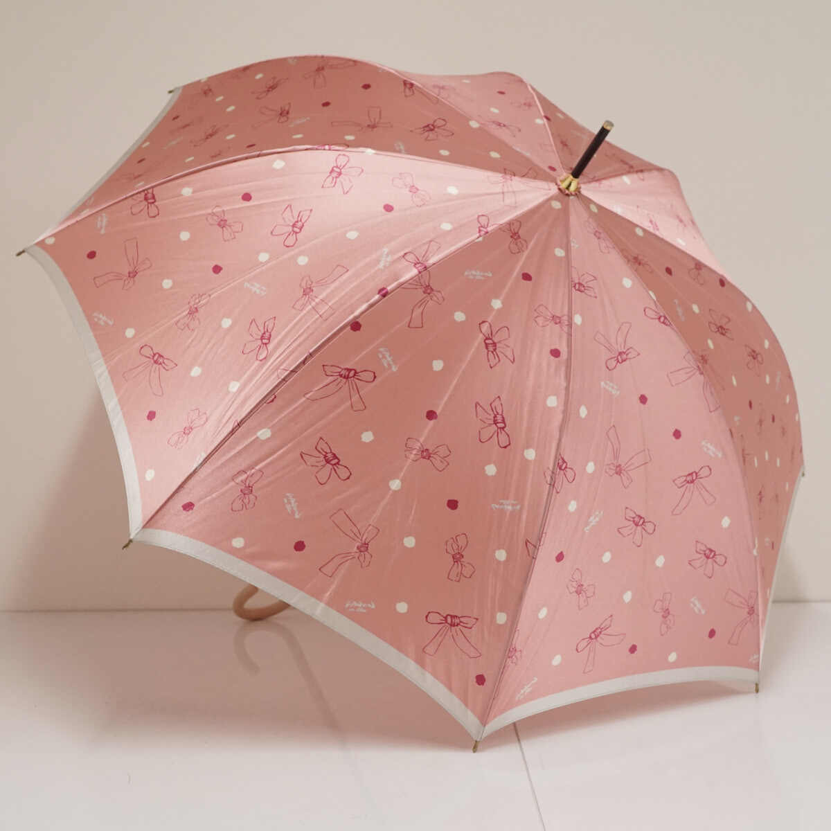 耐風傘 LANVIN en Bleu ランバンオンブルー USED品 リボン ブランドロゴ ジャンプ グラス骨 ピンク 60cm A3312