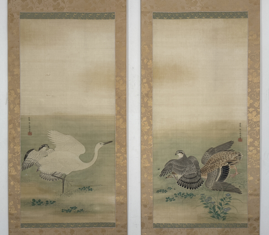【真作 松江藩主松平定安公より拝領品】掛軸「陶山勝寂 花鳥双幅」江戸動物画 松江藩御用絵師 狩野勝川院雅信師事 絵画
