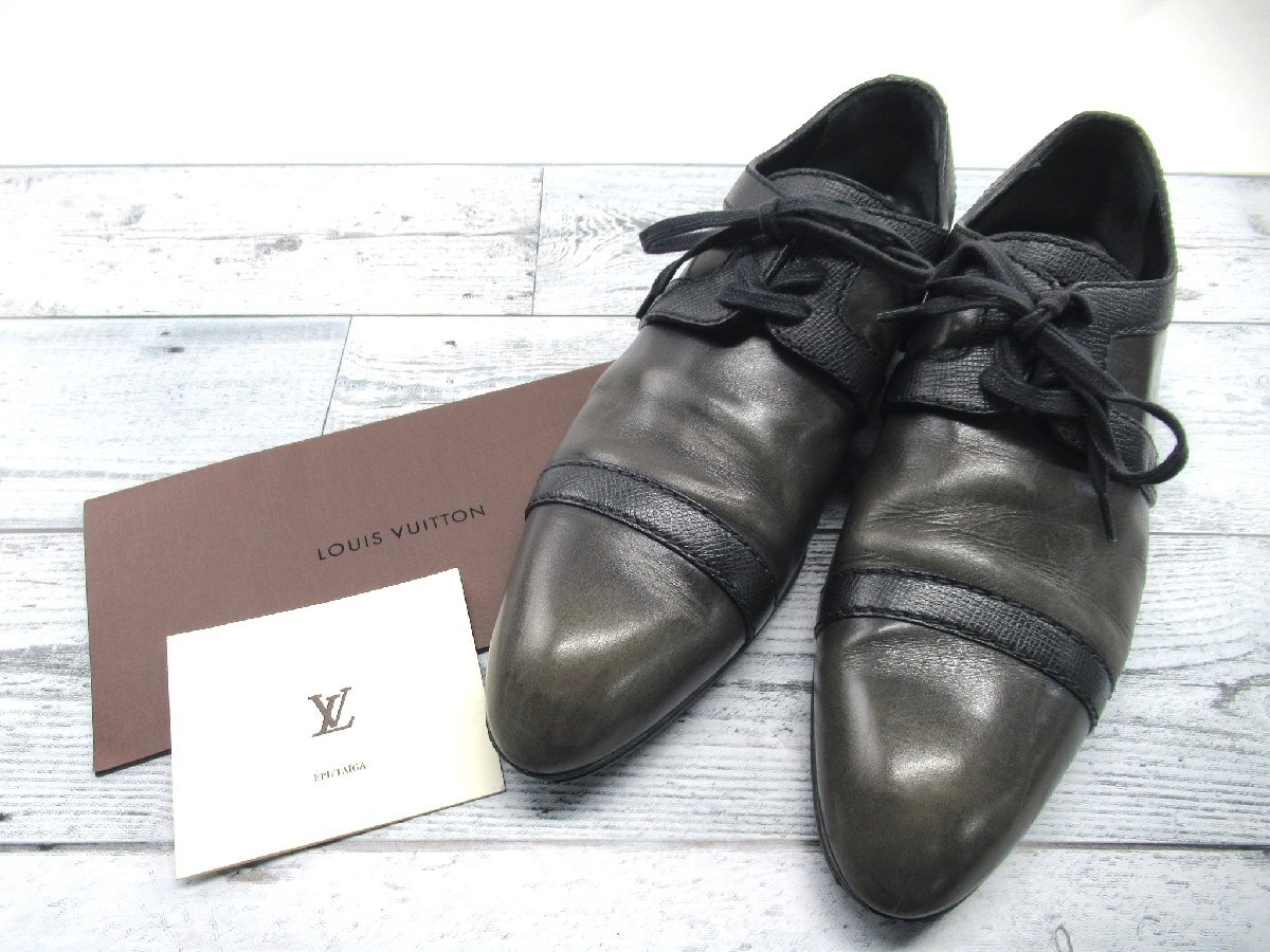 ☆☆【B送900円】2610　LOUIS VUITTON　ルイヴィトン　レザーローファー　カーキ×黒　革靴　イタリア製　ビジネスシューズ　7 1/2