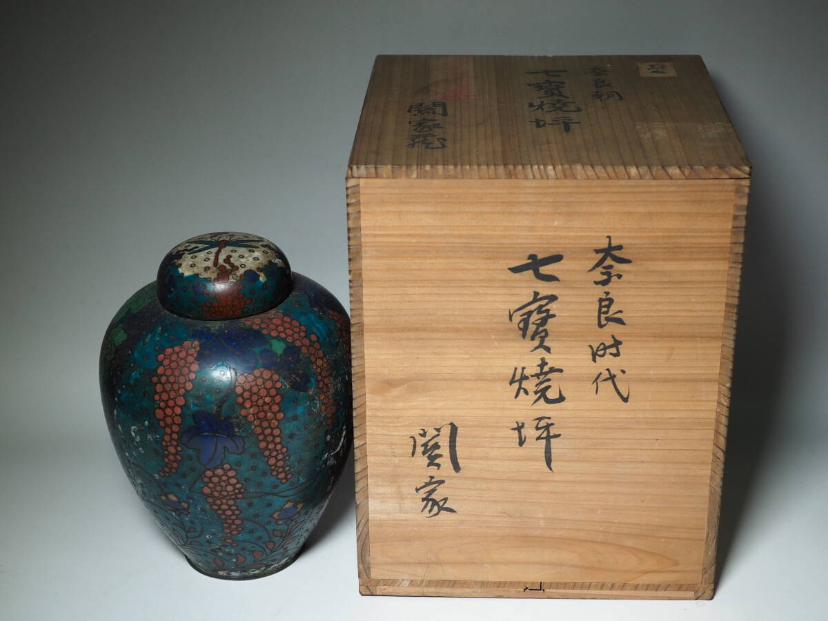 奈良時代　七宝焼坪　七宝焼　蓋付壺　蜻蛉　葡萄　骨董　時代物　貴重 奈良朝
