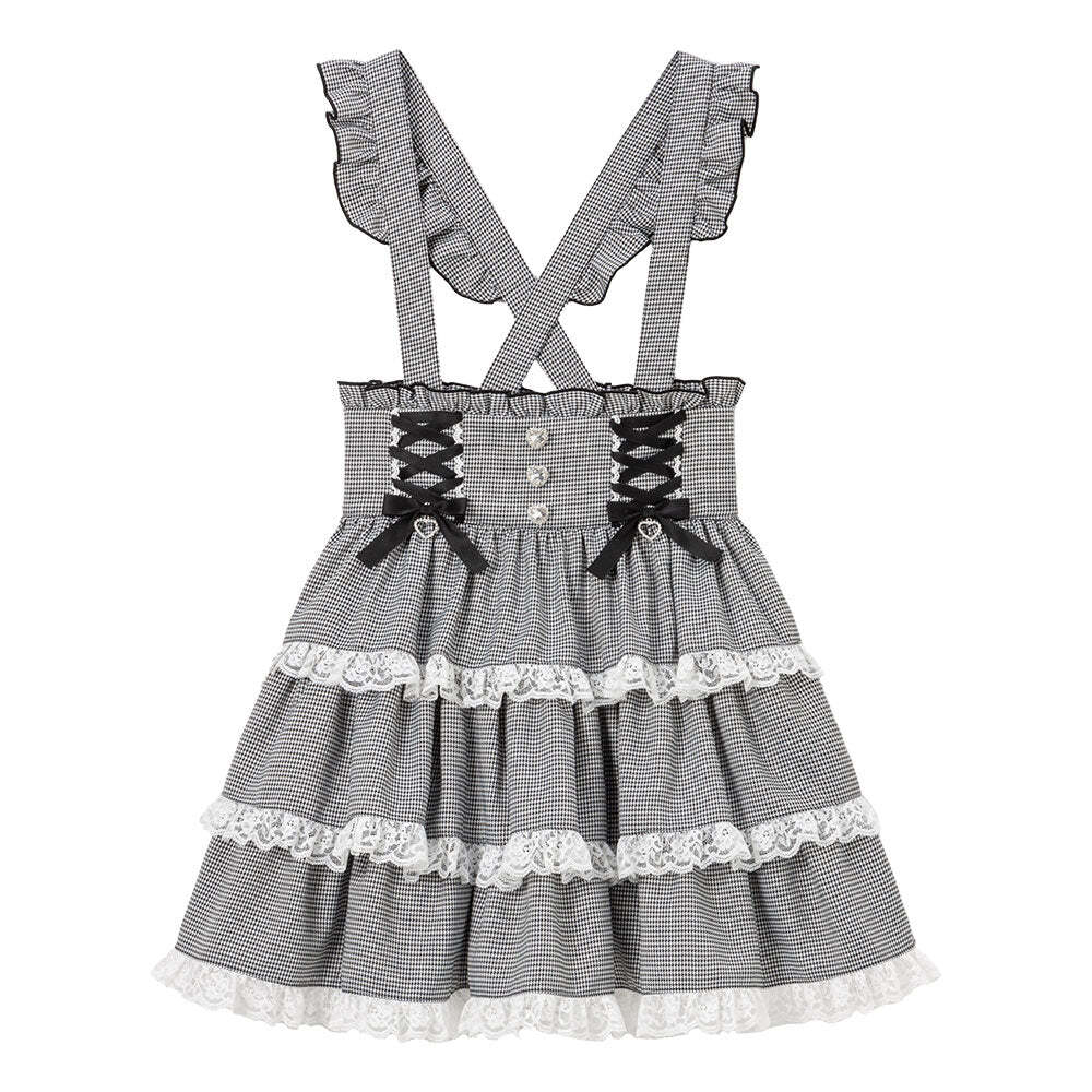 DearMyLove■ハートビジューレースアップリボンフレアスカート 千鳥柄LLサイズ■ロリータガーリー量産型地雷系大きいサイズ参戦服完売品