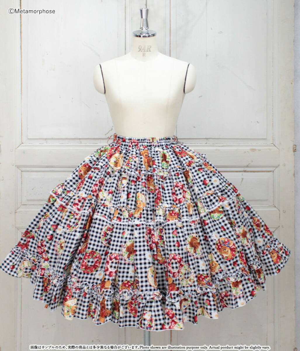 ■metamorphose■Gingham fruits tartティアードスカート プラスサイズ黒系■ロリータガーリー苺くまクマギンガムチェックSK定価27280円