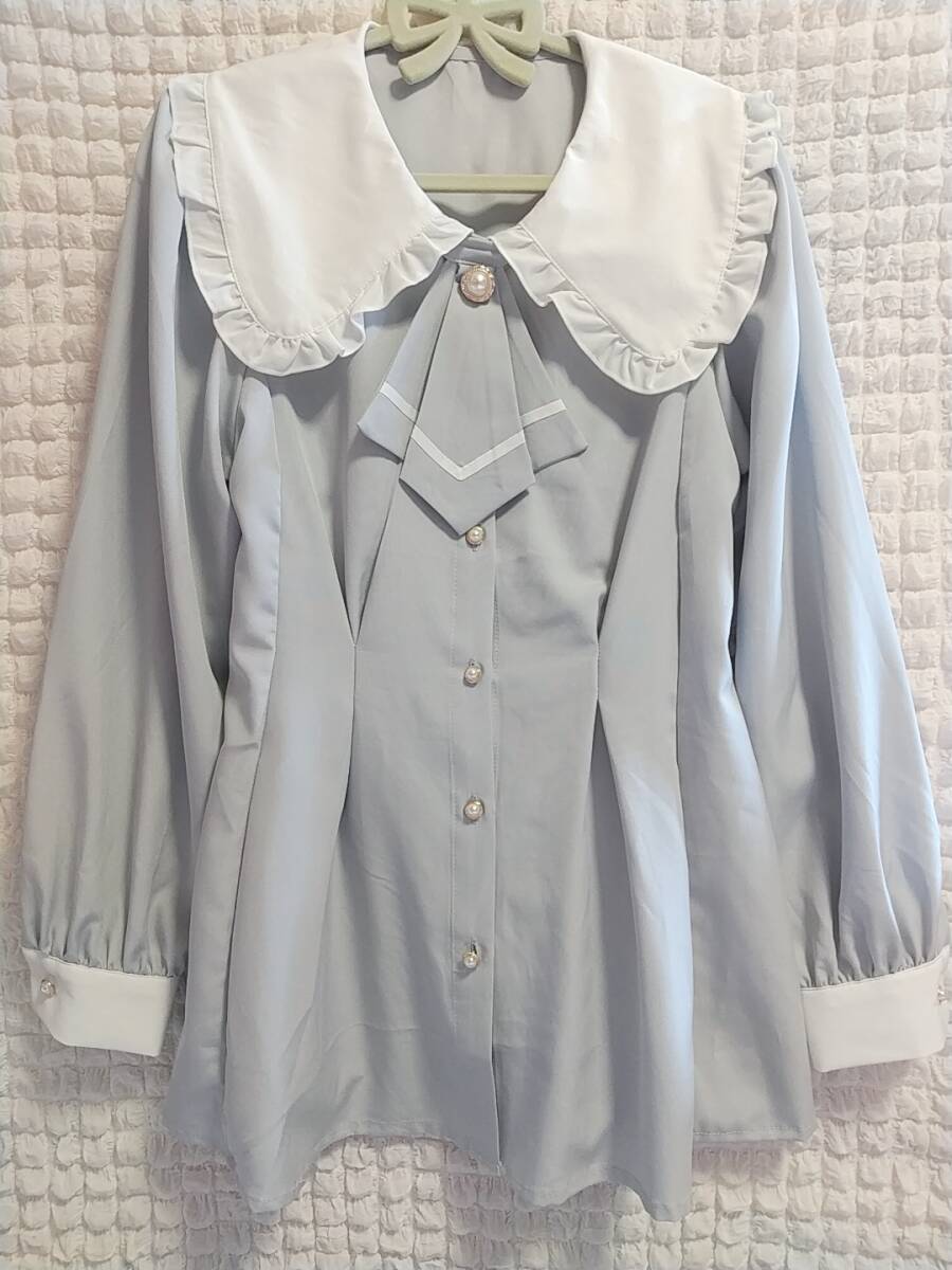 ■取り外し可能タイ付き長袖ブラウス+ショートパンツセットアップ Lサイズサックス×ホワイト白■ロリータロリィタガーリー量産型後リボン