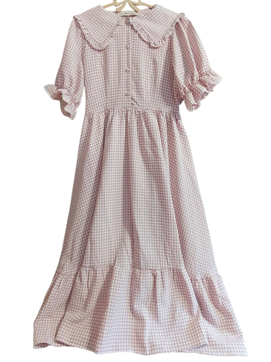 ■しまむら×青木美沙子コラボ■ギンガムチェック半袖ワンピース ピンクLサイズ■ロリータロリィタガーリーパフスリーブミモレ丈セーラー襟