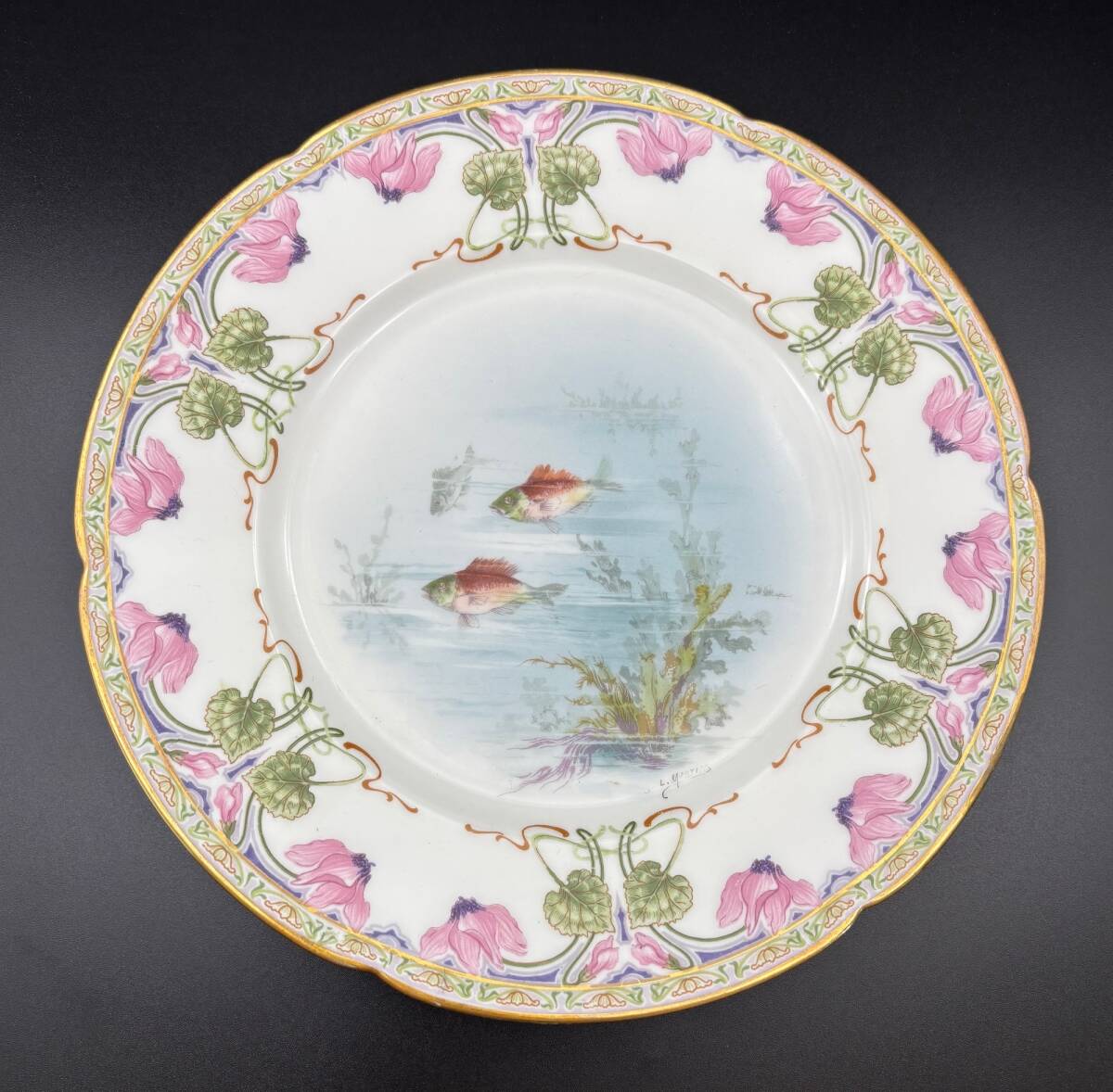 Sale★19世紀末 フランス製 アンティーク アールヌーボー アビランド Thodore Haviland 魚&シクラメン文デザートプレート★