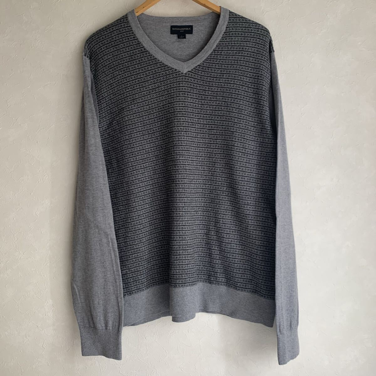 BANANA REPUBLIC/バナナ リパブリック/L/グレー×柄/Vネック/シルク/SILK/ニット/トップス/セーター/バナリパ