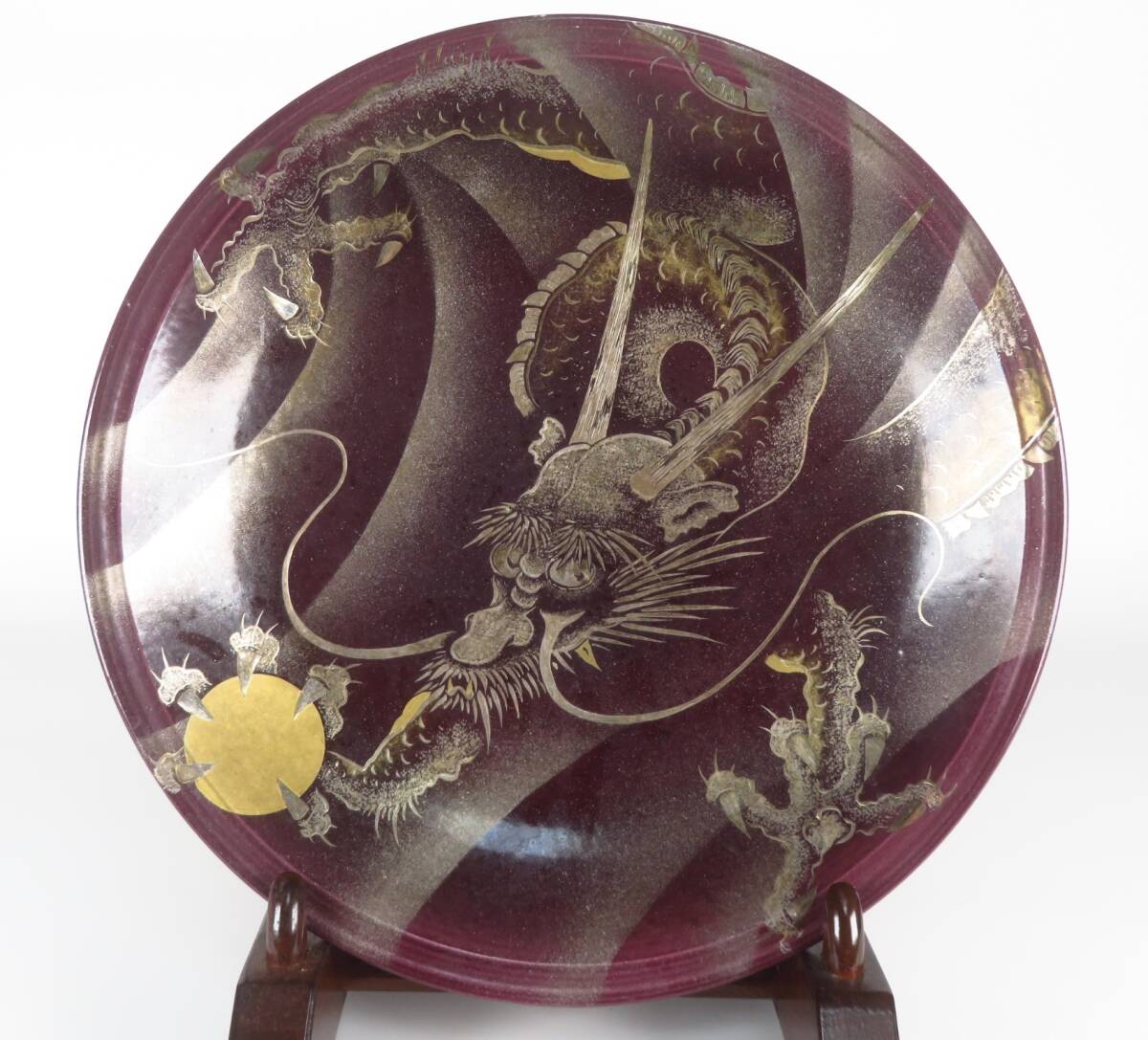 【SAKURAYA】秀逸作品【京清水焼 五爪龍文飾皿/伝統工芸士 斎藤藤雲】細密絵付 希少品 作家 在銘 共箱 茶道具 骨董品 古美術品 直径27cm