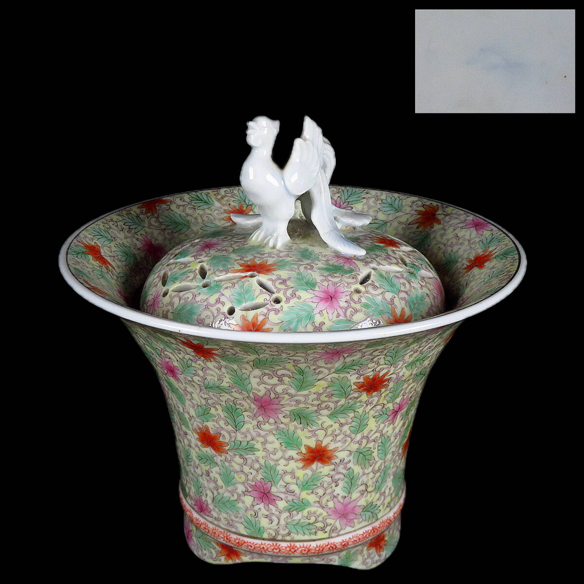 【SAKURAYA】希少な作品 資産家整理品【オールド深川製 色絵花唐草文鳳凰摘香炉】細密絵付 珍品 香炉 香道具 骨董品 古美術品 全長17.3cm