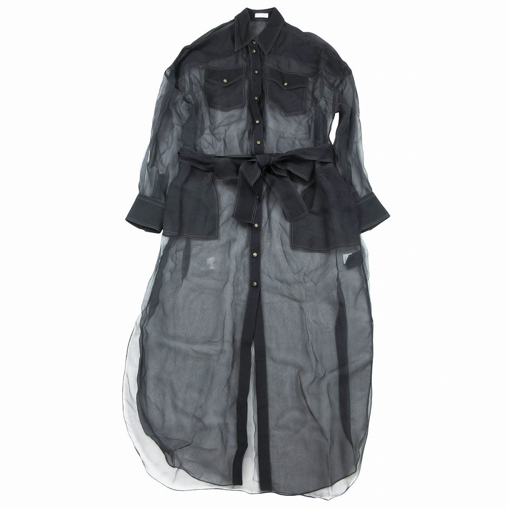 Brunello Cucinelli ブルネロクチネリ シルク100% シアー シースルー シャツ マキシロング ワンピース ダークグレー S 【中古】