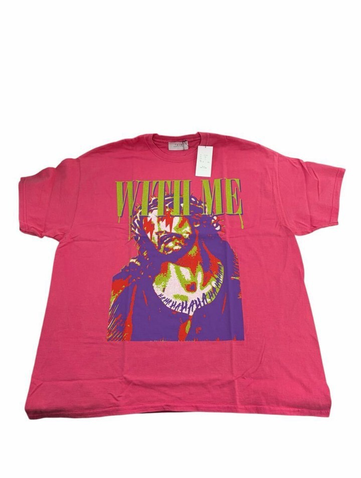 【タグ付き未使用】TAIN DOUBLE PUSH WITH ME / WITHOUT ME グラフィック 半袖 Tシャツ ピンク XLサイズ ファッション