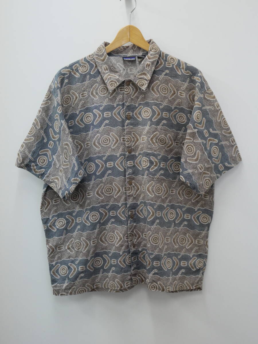 37W VINTAGE patagonia 90s 総柄 半袖 アロハシャツ パタゴニア ブーメラン柄 コットン 1999年製 香港製 A/Cシャツ ビンテージUSA古着