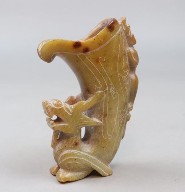 中国美術 砡 神獣彫 爵杯 砡器 祭器 時代品 TK042