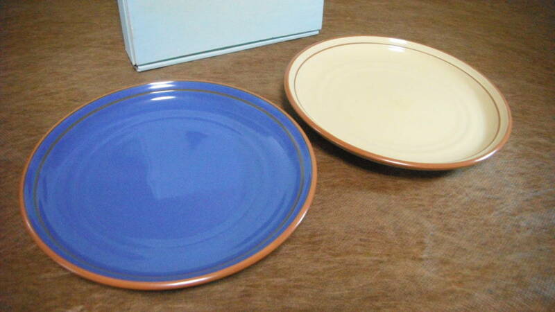 ノリタケ ストーンウェア 20,5cm プレート 2枚 色違い 皿 ネイビーｘベージュ / 昭和レトロ