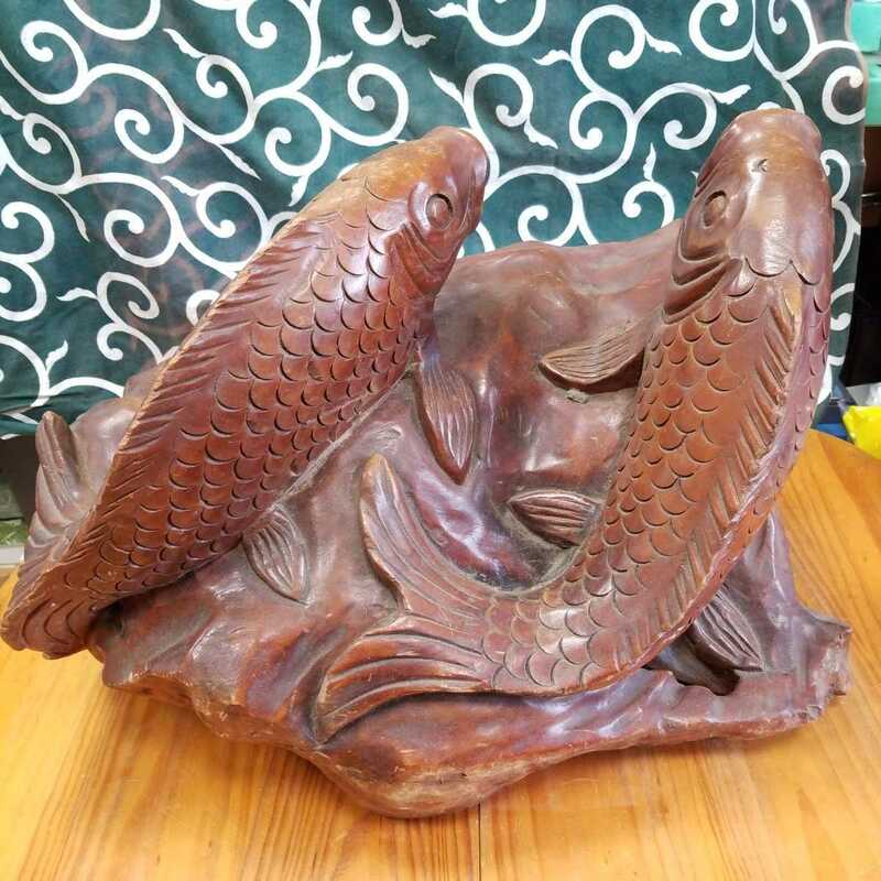 鯉 木彫 一刀彫 古い木彫り 時代物 約8キロ レトロな木彫り