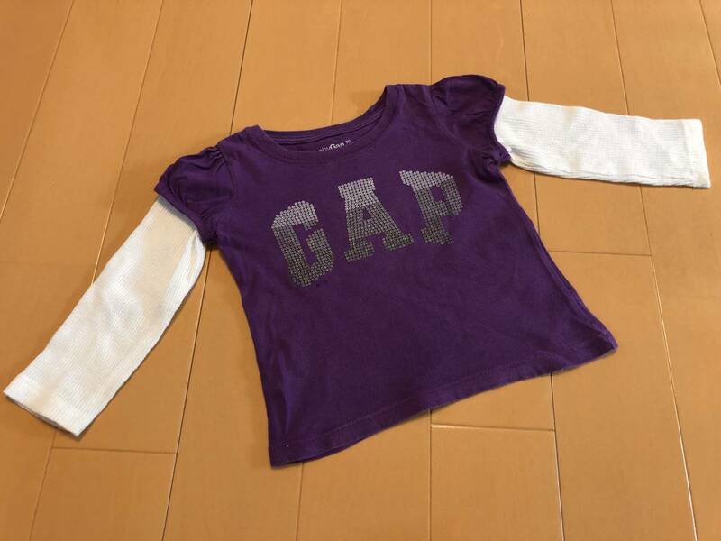 ●○ Baby Gap ベビーギャップ レイヤード風 重ね着風 ロングTシャツ(ロンT) 90 パープル×白 ○●