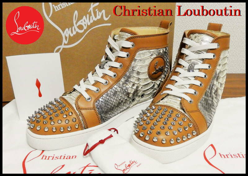 Christian Louboutin ルイス スパイク パイソン 国内正規品 クリスチャンルブタン 42 ハイカット スニーカー メンズ ブラウン シルバー 靴
