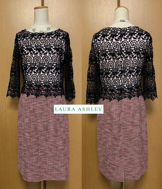 LAURA ASHLEY【ローラアシュレイ】総レース＆ツィードパーティーワンピース （UK12 EUR38 USA8) 11号