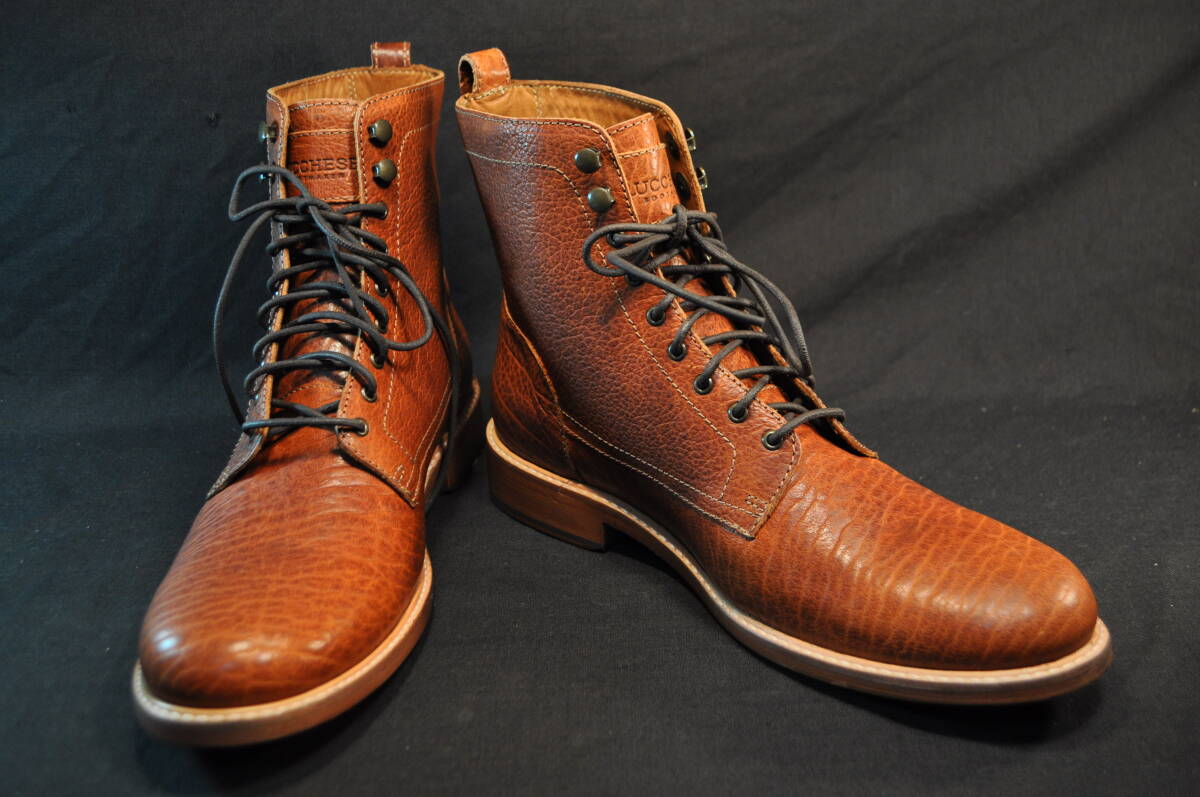 老舗ウエスタンブーツ会社ルケーシー　LUCCHESE　高級ワークブーツ　アメリカ製バイソン(バッファロー）革底＆ノンスリップ　縞模様茶　10D