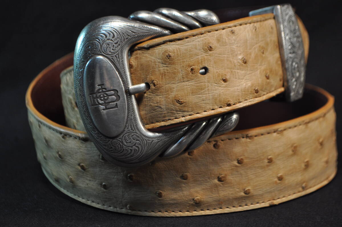 201　アメリカ製　ウエスタンブーツ老舗　ルケーシー社製　LUCCHESE　一本　ベルト　キーパー付　ベージュ　オーストリッチ革　サイズ32