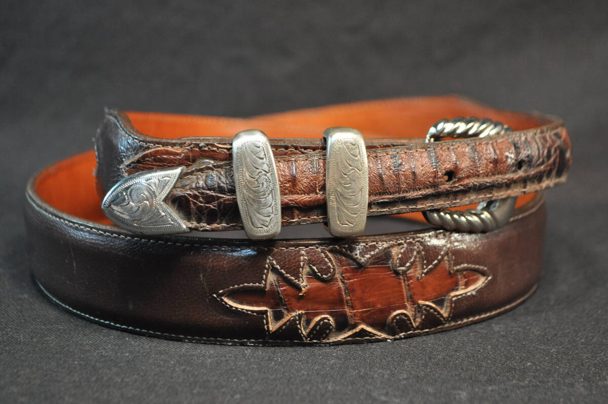 218　アメリカ製　ウエスタンブーツ老舗　ルケーシー社製　LUCCHESE　先極細　ベルト　山羊＆ワニ革　ワニ革透かし模様　サイズ38