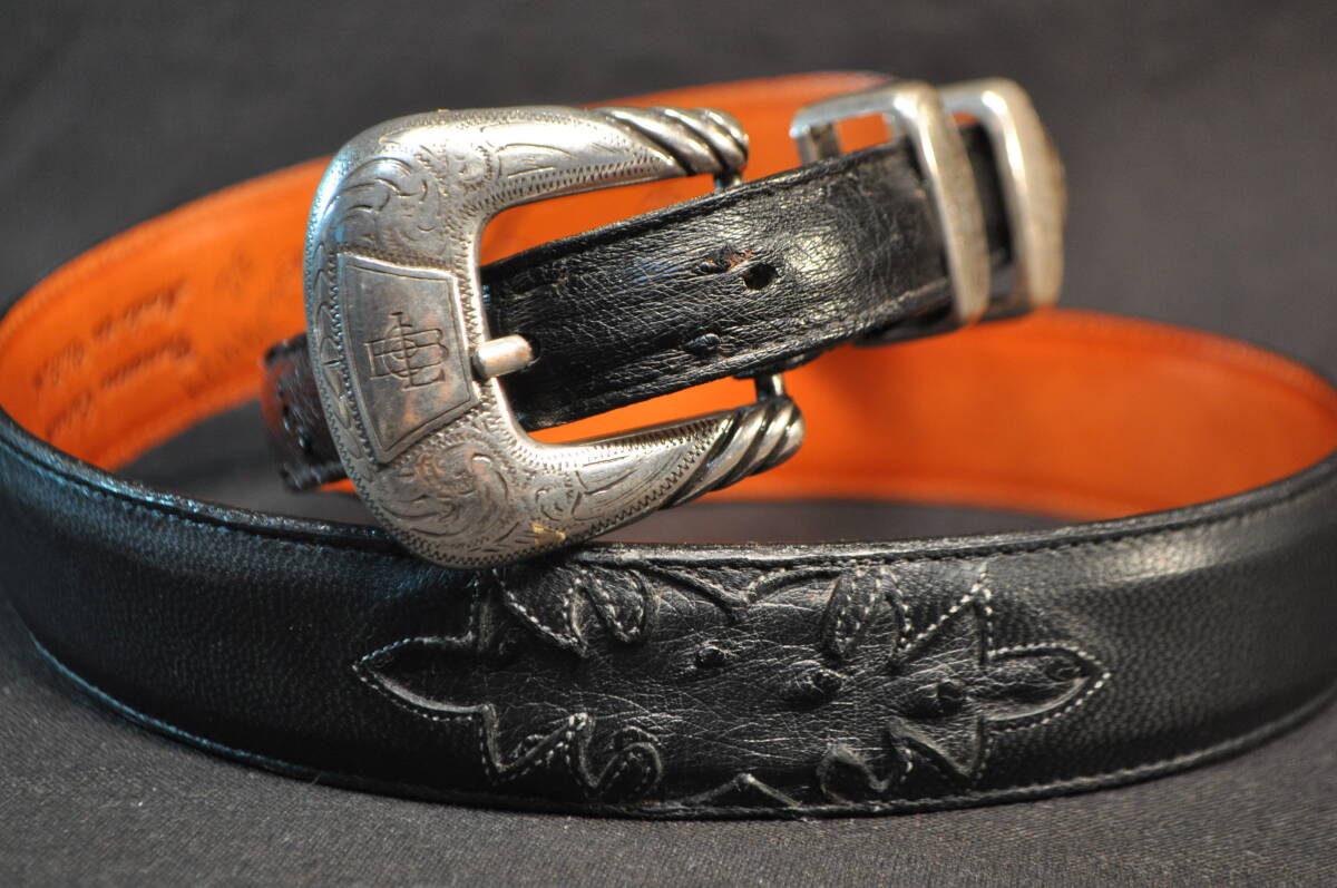 219　アメリカ製　ウエスタンブーツ老舗　ルケーシー社製　LUCCHESE　先極細ベルト　濃茶　山羊＆オーストリッチ革　サイズ32