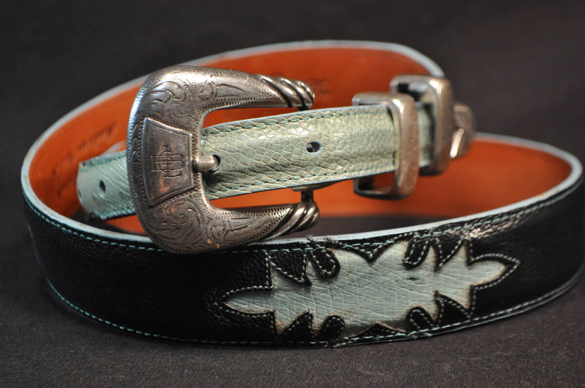 223　アメリカ製　ウエスタンブーツ老舗　ルケーシー社製　LUCCHESE　先極細ベルト　紺＆水色　山羊＆オーストリッチ革　サイズ32