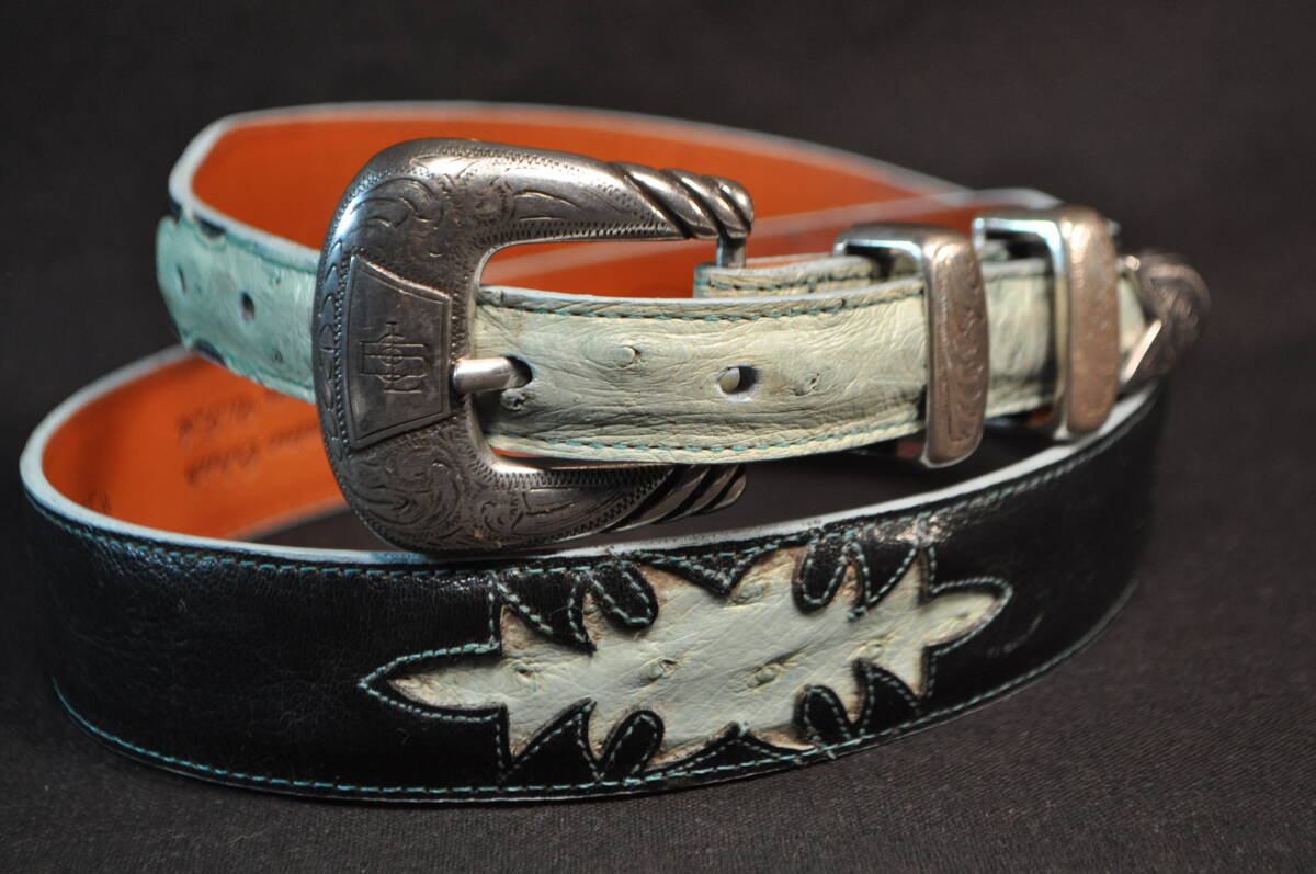 225　アメリカ製　ウエスタンブーツ老舗　ルケーシー社製　LUCCHESE　先極細ベルト　紺＆水色　山羊＆オーストリッチ革　サイズ34