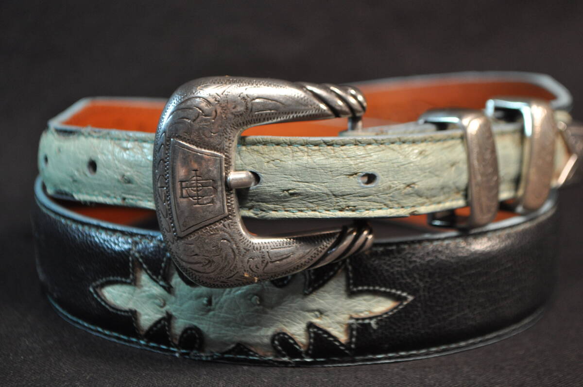 226　アメリカ製　ウエスタンブーツ老舗　ルケーシー社製　LUCCHESE　先極細ベルト　紺＆水色　山羊＆オーストリッチ革　サイズ34