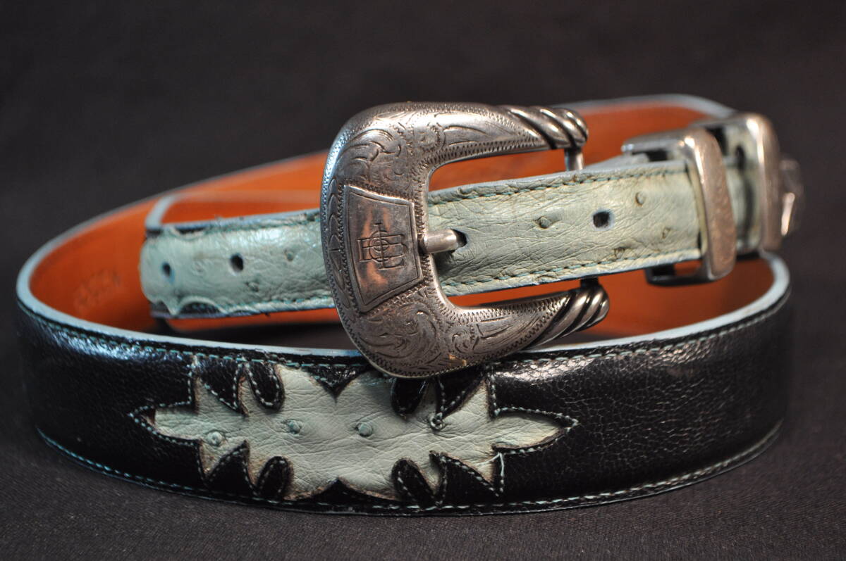 227　アメリカ製　ウエスタンブーツ老舗　ルケーシー社製　LUCCHESE　先極細ベルト　紺＆水色　山羊＆オーストリッチ革　サイズ34