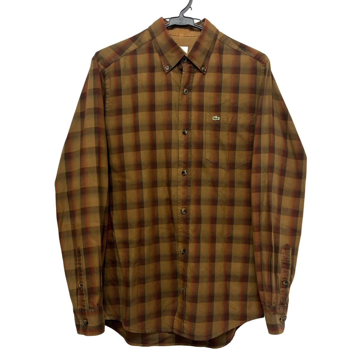 (志)Lacoste/ラコステ 長袖シャツ チェック柄 ボタンダウン 綿100％ サイズ:39 ブラウン 茶系 メンズ(o)1124C