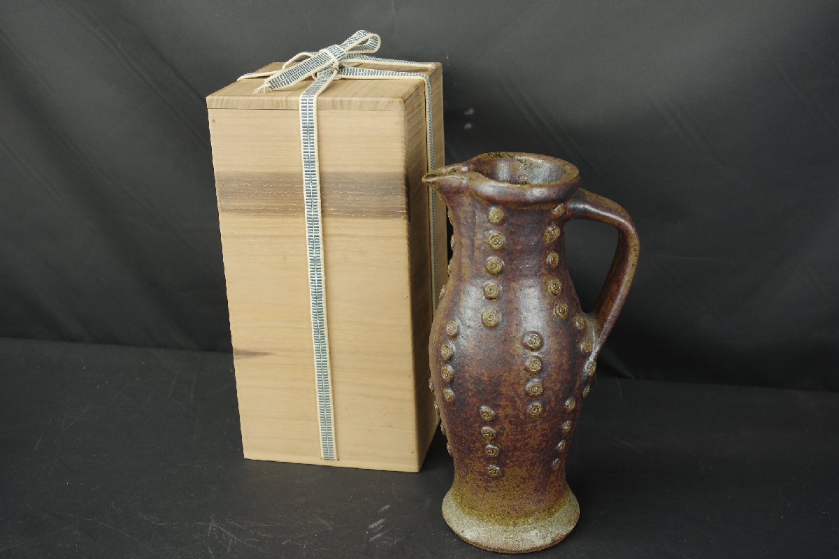 布志名焼 船木窯 船木研児 鉄釉手付壺 ピッチャー 陶芸 在銘 作家物 共箱 骨董 B