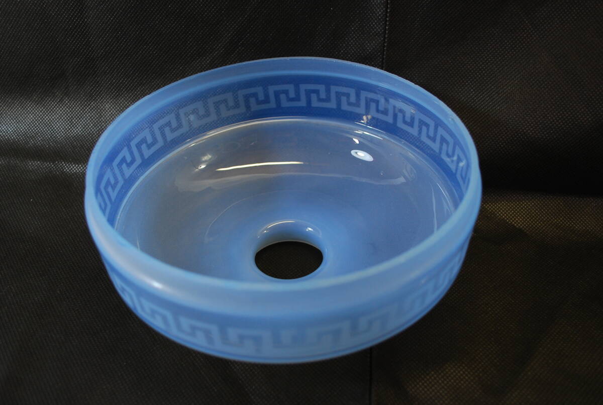 G40美しい青色フロスト硝子ランプシェード◇ギリシャ雷紋グリークキー◇オパールセントガラス◇ジャパンヴィンテージ アール・デコ◇超希少