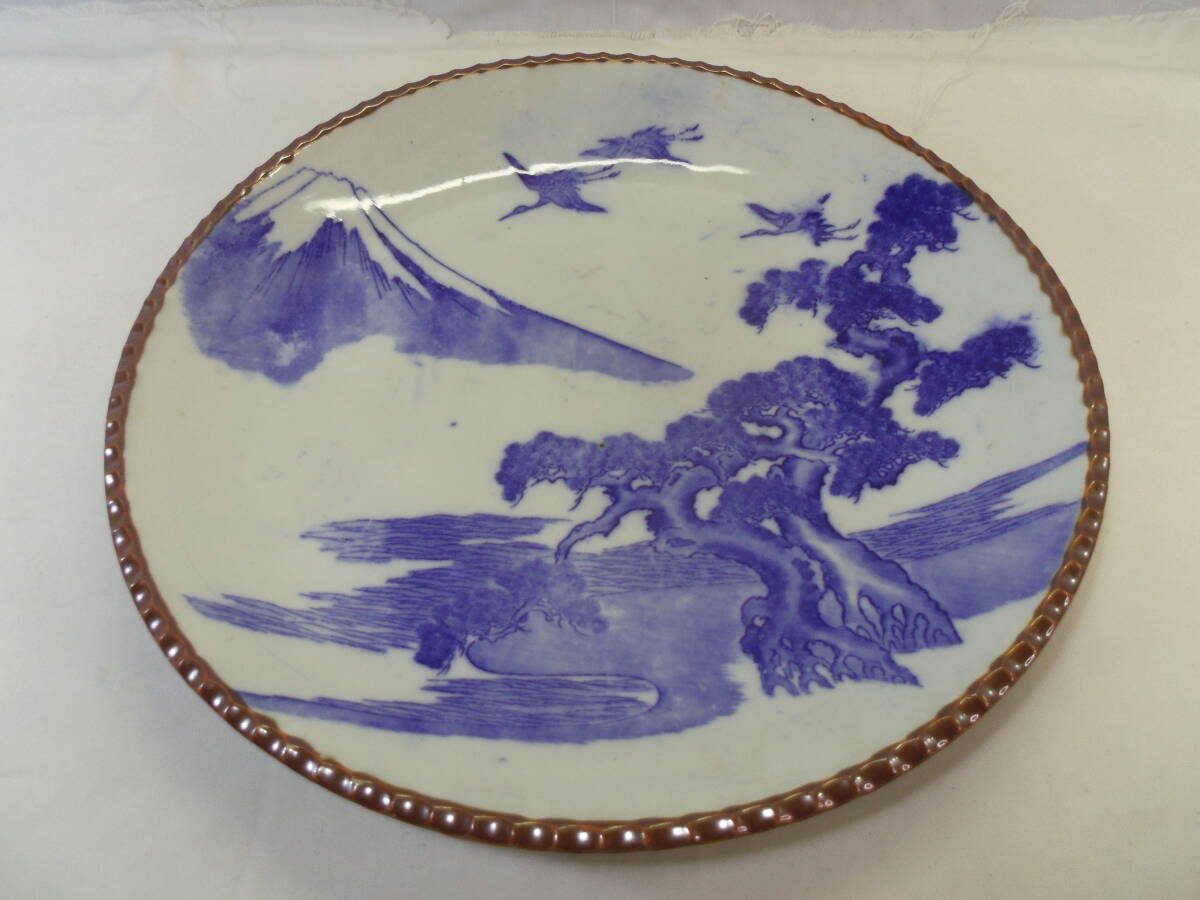 G66◇印判 大皿 富士山　松　鳥 ヤマトク◇明治 大正 昭和 時代物◇直径39cm◇染付◇古道具 アンティーク 当時物◇送料980円◇