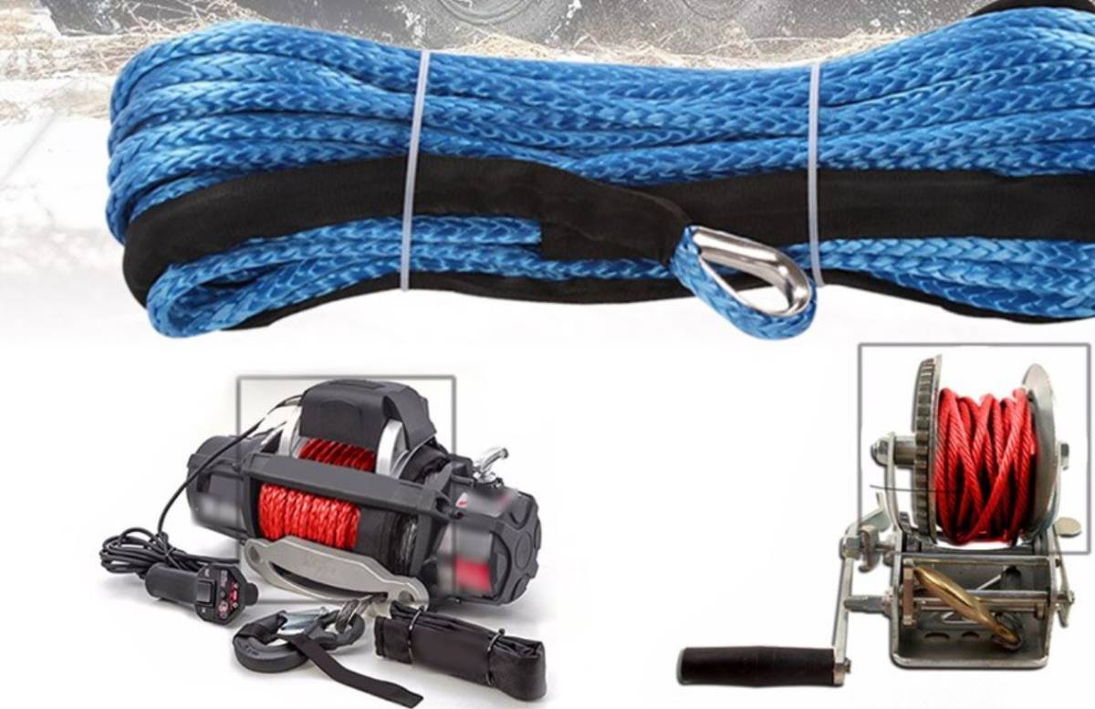 送料無料。6mmＸ長さ15ｍ （青）ウインチ用シンセティック ファイバー ロープ。鉄ワイヤーより安全！ 水上バイク トレーラー クレーン 