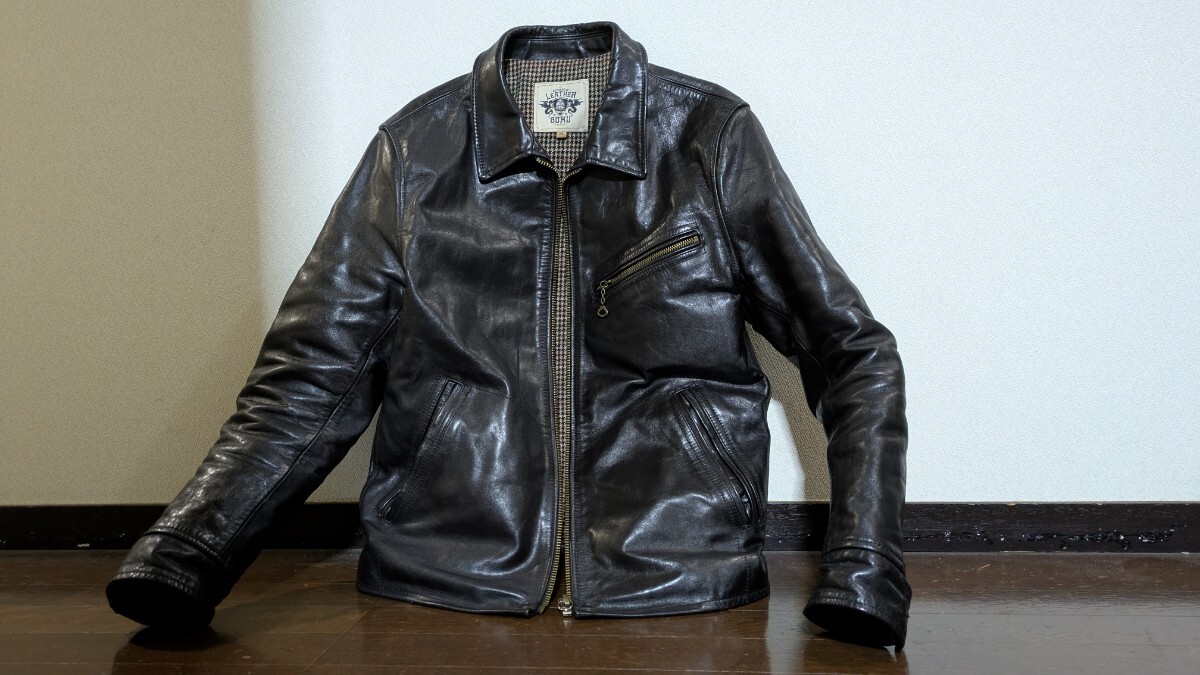 高級 LEATHER BOMU 本革 スポーツレザージャケット カーコート 襟付 レザーライダース XL 黒 馬革 茶芯 ホースハイド 肉厚
