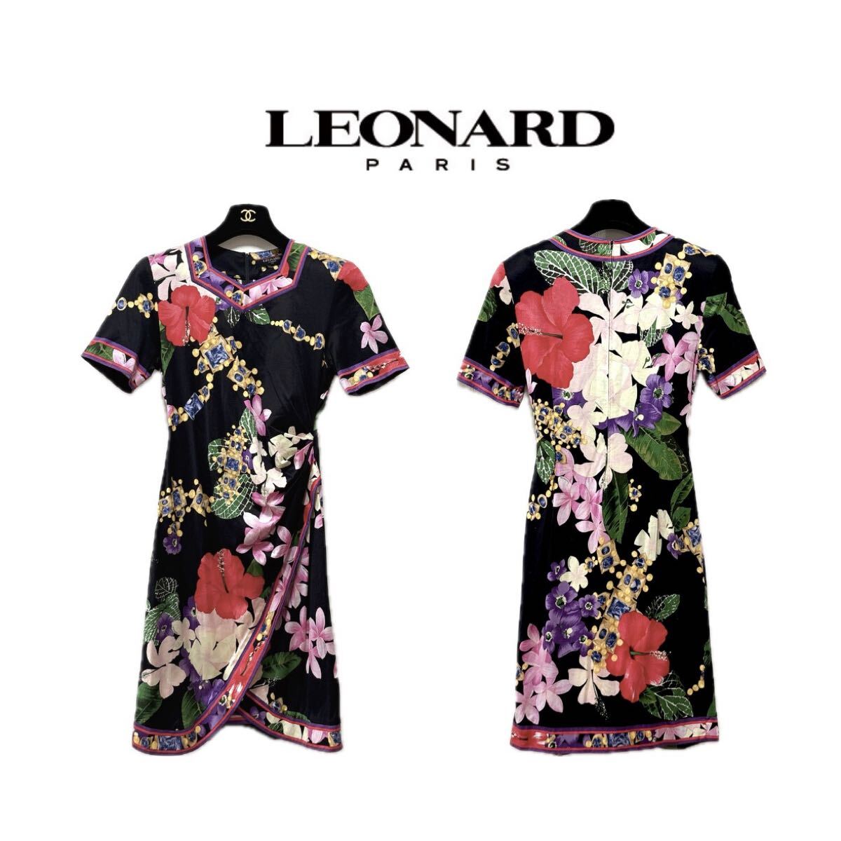 【LEONARD】美品花柄ワンピースドレス（M）①【レオナール】ラップドレス　 ブラック 花柄 カンカン