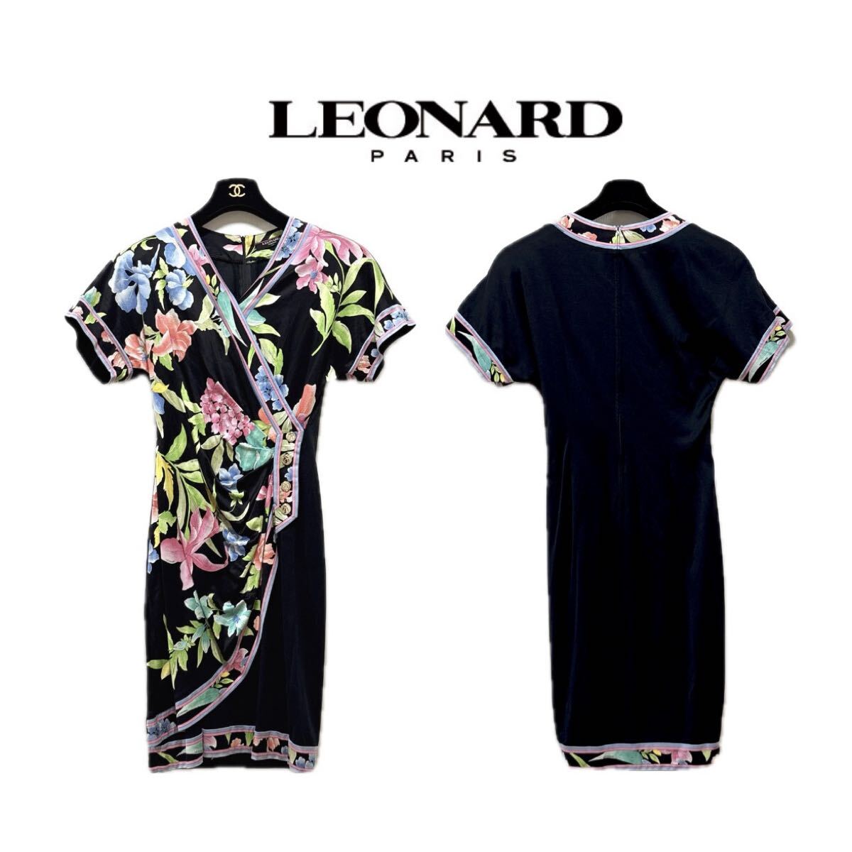 【LEONARD】美品花柄ワンピースドレス（M）②【レオナール】ラップドレス 黒 ブラック　カンカン