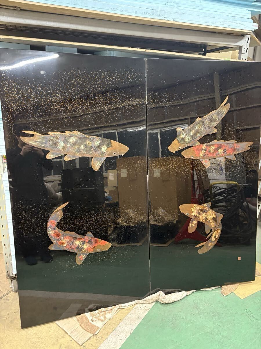 双鯉 鯉 日本画 真作 屏風 置物 額付絵画 和風インテリア パーテーション 間仕切り 装飾用