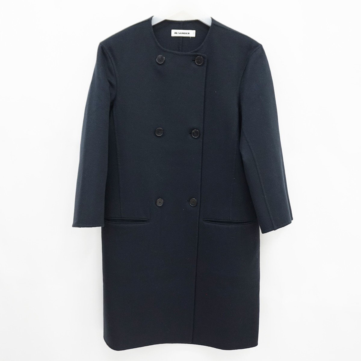 ◇【JIL SANDER ジル・サンダー】ウール ノーカラー コート ネイビー 34