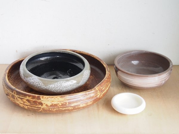 水盤4点セット　水盤　水鉢　円形　花器　花生　華道具　茶道　陶磁器　X38