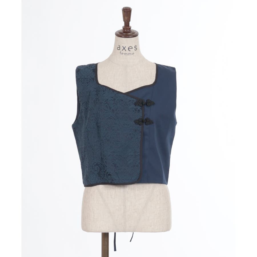 新品タグ付き axes femme アクシーズファム チャイナ風JQ切替ベスト 紺 フリーサイズ