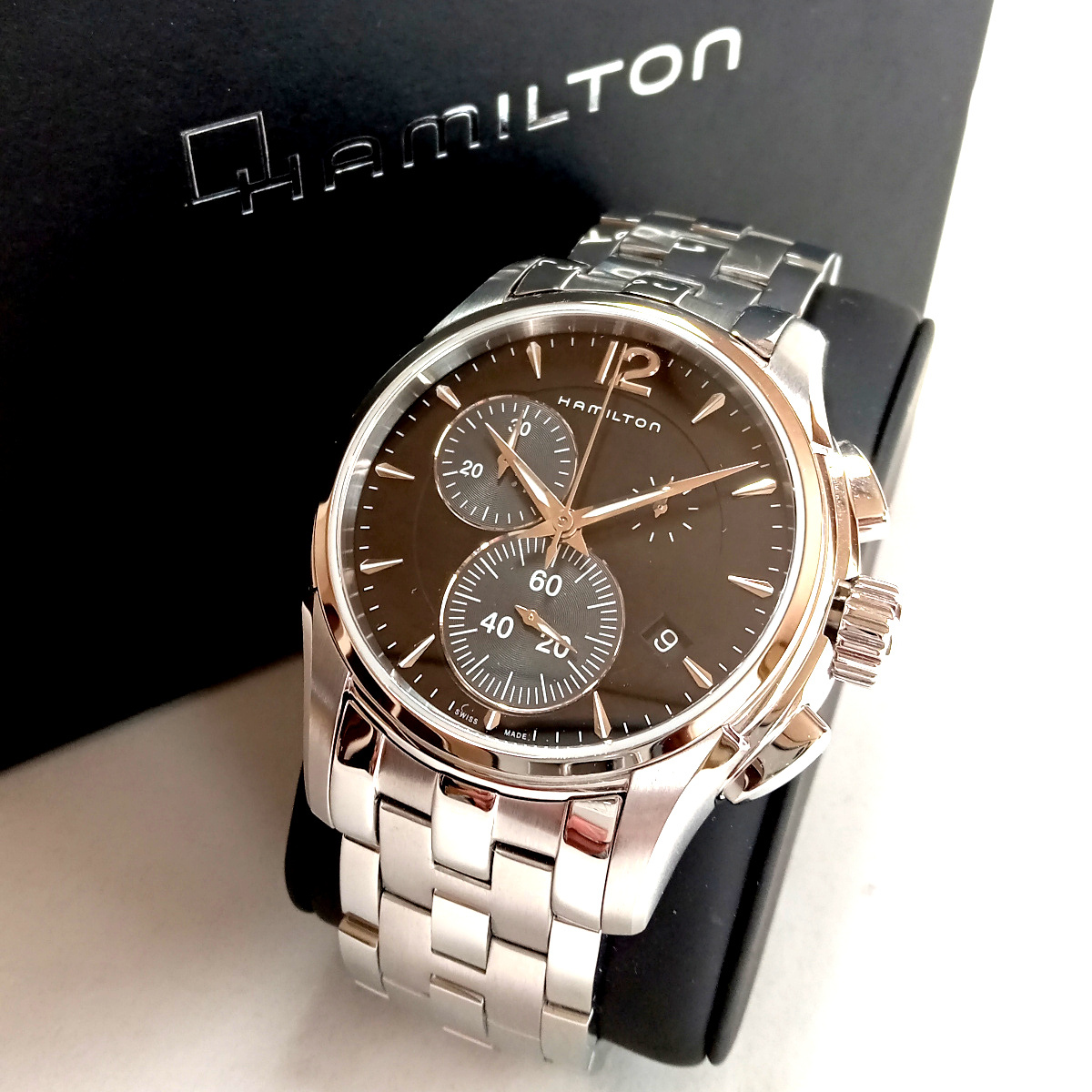 【haw4】新品　HAMILTON　ハミルトン　メンズ腕時計　ジャズマスター　クロノグラフ　クオーツ　42ｍｍブラックケース　黒　シルバーベルト