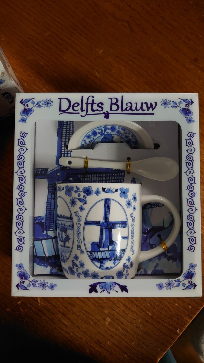 デルフトブルー　Delfts Blauw　 マグカップ、ミニプレート、スプーン　オランダ食器　未使用　8.5×9.5㌢