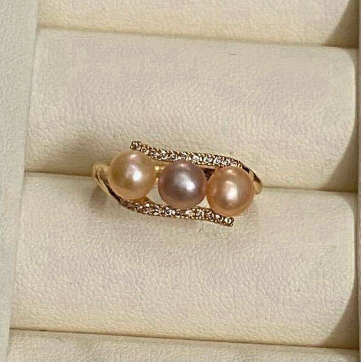 照り良く　ベビーパール　真珠　フリーサイズリング　調整可能　ピンク　ムラサキ　CZ付き