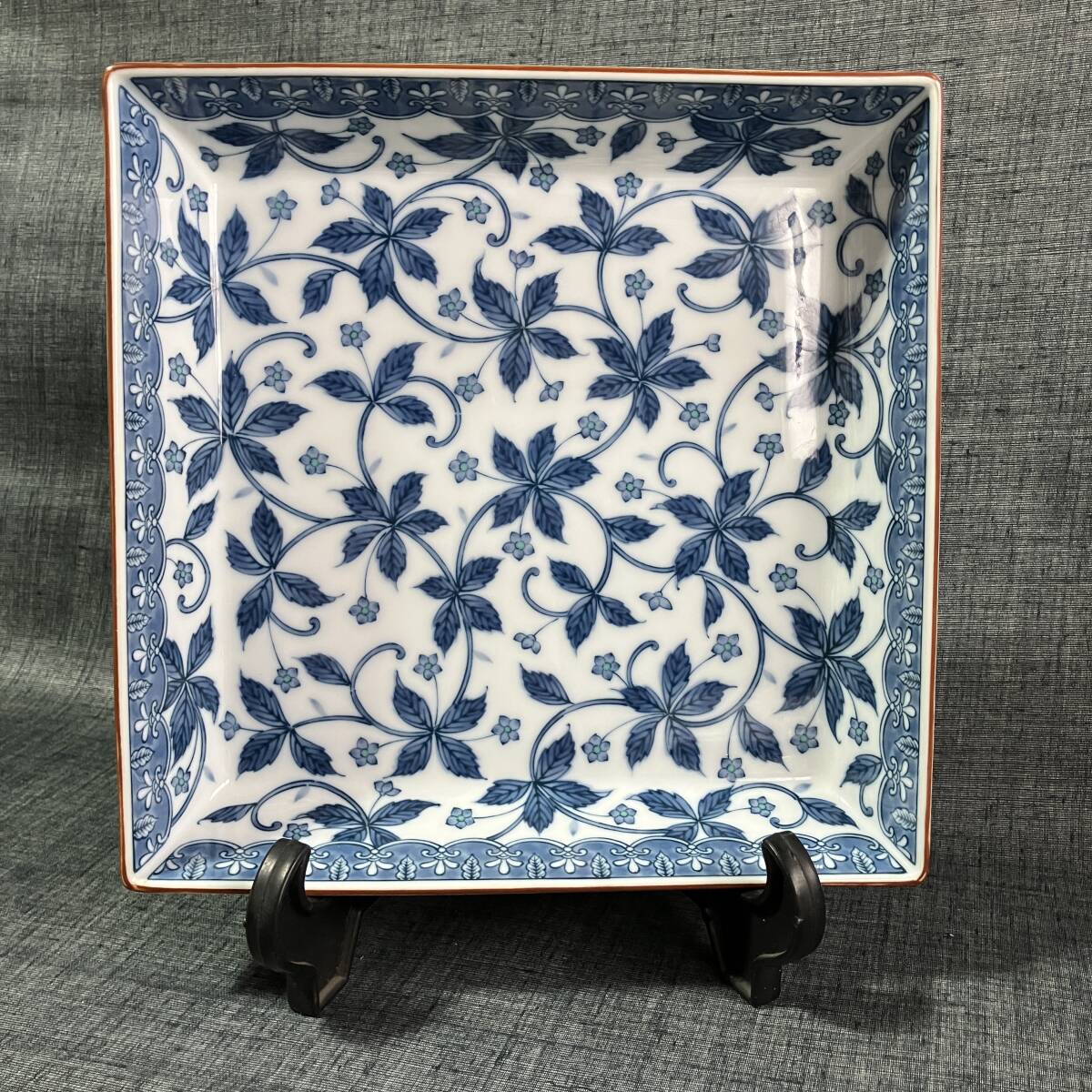 ■庫山窯 角盛鉢 大皿 大鉢 染付 窯印 25cm×25cm■k40