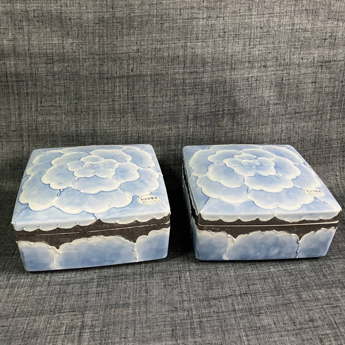 ■有田焼 文山窯 プラチナ牡丹 正角 五寸 蓋物 陶箱 菓子器 2個セット■k38