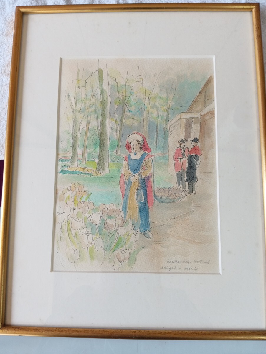 絵画　水彩画　真作　shigeko.Mori 森繁子　オランダ　キューケンホフ公園　サイズ　52.5X41cm