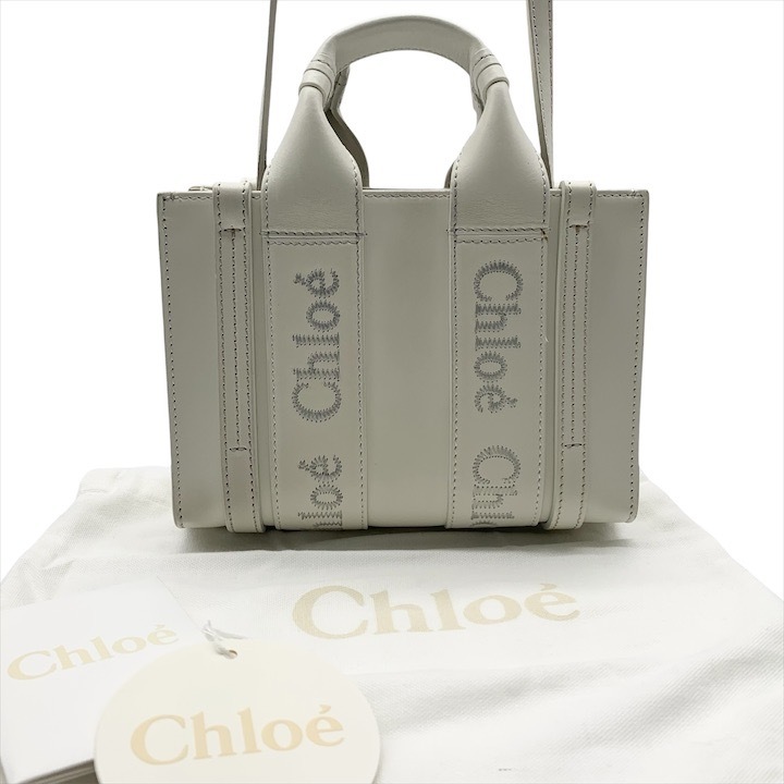 超美品 Chloe クロエ 2WAY ハンド ショルダー バッグ 斜め掛け ウッディ ミニ レザー ホワイト レディース ブランド かばん r333