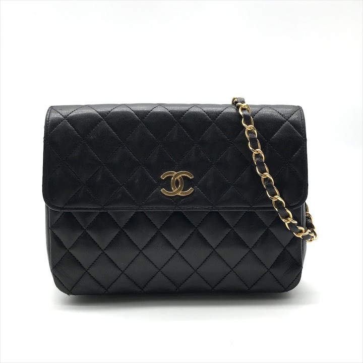 良品 CHANEL シャネル ココマーク プッシュロック マトラッセ ラムスキン チェーン ショルダー バッグ ブラック ブランド 鞄 BAG a10595
