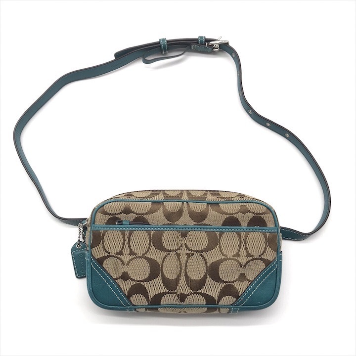 良品 COACH コーチ シグネチャー キャンバス レザー クロス ボディ ウエスト バッグ スカイブルー ベージュ ブランド かばん Bag r389
